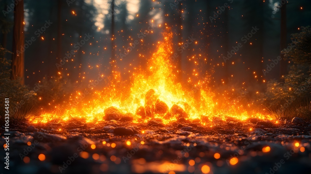 Aufkleber intense forest fire with towering flames and billowing smoke engulfing the wilderness in an apocalyp