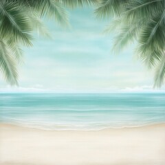 A serene beach view with gentle waves, soft sand, and lush palm leaves framing the tranquil ocean and sky.