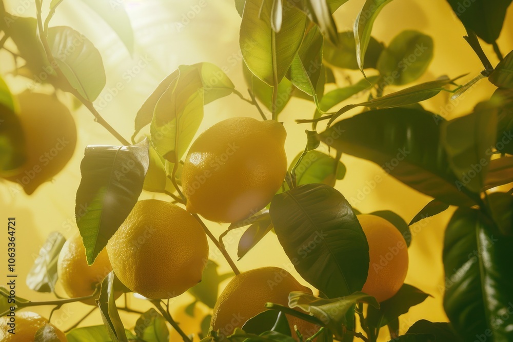 Poster a bunch of lemons hang from the branches of a tree, providing a burst of citrusy freshness