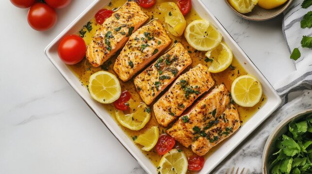 Delicious lemon and herb baked salmon with cherry tomatoes on white tray