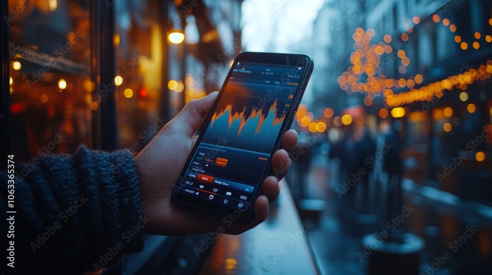 Aufkleber a person is holding a smartphone displaying stock market data in a lively urban setting. rain falls 