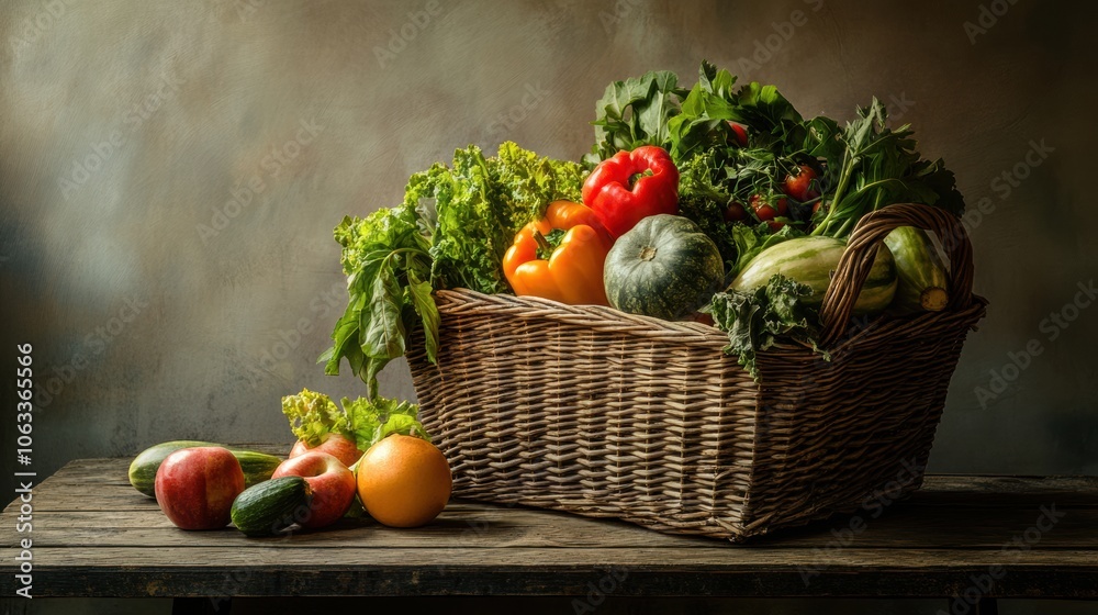 Aufkleber a wicker basket filled with colorful vegetables and fruits sits on a rustic wooden table, showcasing