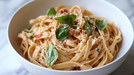 Delicious creamy pasta dish with fresh basil and sesame seeds