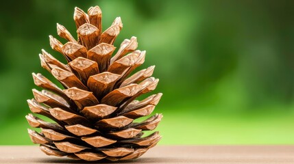 A detailed close-up of a pine cone resting on a wooden surface, showcasing its intricate structure and natural beauty against a blurred green background.