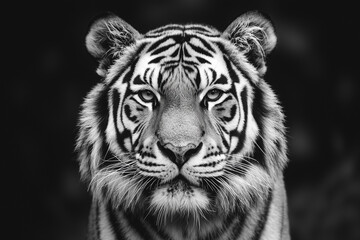 High-Resolution Close-Up of a Bengal Tiger in Monochrome, Facing the Viewer