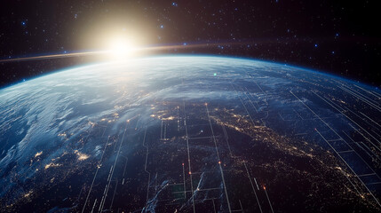 Futuristic Earth with Digital Grid and Space Sunrise