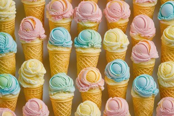 A collection of colorful ice cream cones with different flavors, perfect for a summer treat or a party decoration