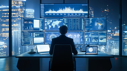 Analyst in Command Center with Data Monitors