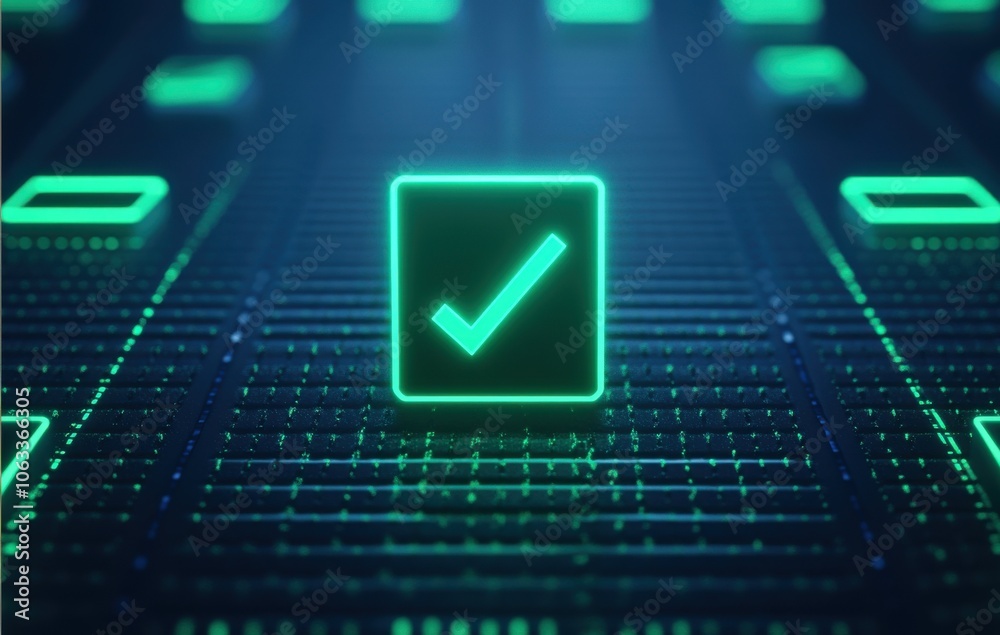 Poster a digital representation of a glowing checkmark on a sleek, futuristic background, symbolizing appro