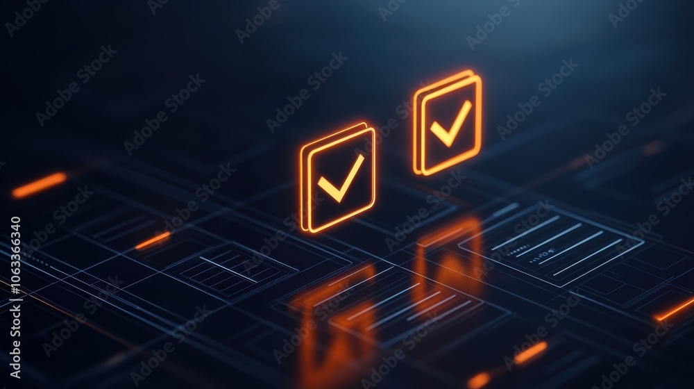 Poster the image features glowing checkboxes with checkmarks, set against a dark, digital background, symbo