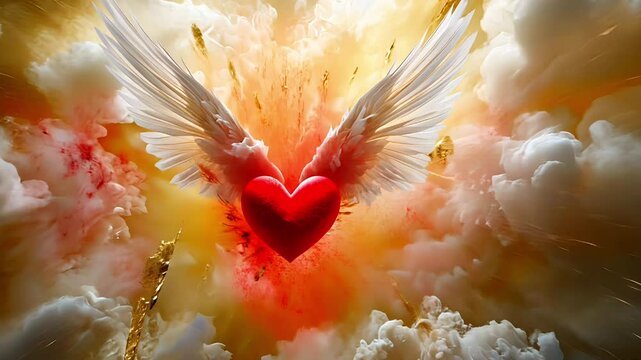 Heavenly Heart with Angel Wings in Ethereal Cloudy Atmosphere