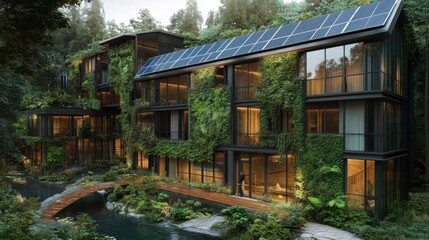 Obraz premium A modern, eco-friendly building with solar panels,