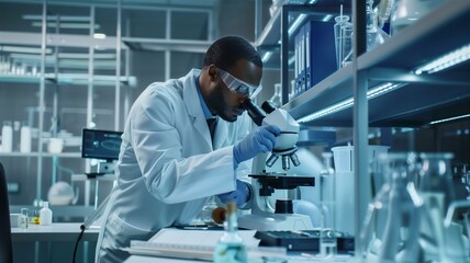 Scientist focusing intently while examining samples through a microscope in a modern lab
