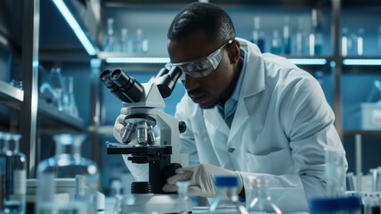 Scientist focusing intently while examining samples through a microscope in a modern lab
