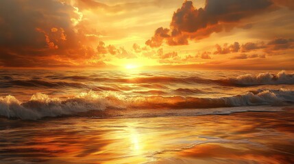 Obraz premium A serene sunset over the ocean, reflecting golden hues on the water's surface.