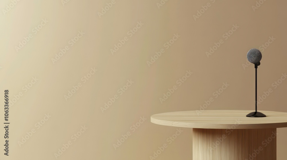 Poster a minimalist podium with a microphone set against a neutral background.