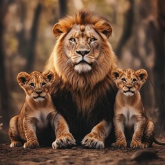Fototapeta premium Majestic Lion Family Portrait Powerful Male, Protective with Adorable Cubs, Wildlife Scene