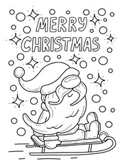 Coloring book Merry Christmas Santa Claus hand drawn. Cute gnome in warm hat riding sled. Winter holiday. Celebration event. Vector outline art illustration. Coloring page for kids and adults.