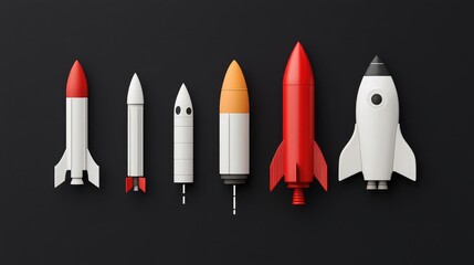 A collection of various rocket models on a dark background, showcasing different designs and colors. Ideal for technology and space exploration themes.