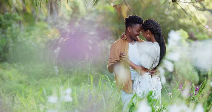 Park, black couple and smile with dancing for fun, date and bonding as lovers in Kenya. Garden, people and happy in relationship as soulmate in love, care and trust with break to relax or chill