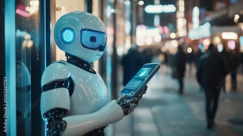 Poster a humanoid robot interacts with a tablet in a bustling urban environment.