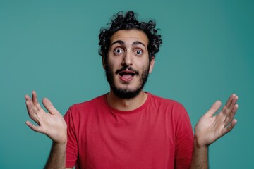 Naklejka premium A person with a shocked expression wearing a bright red shirt, ideal for humorous or playful images