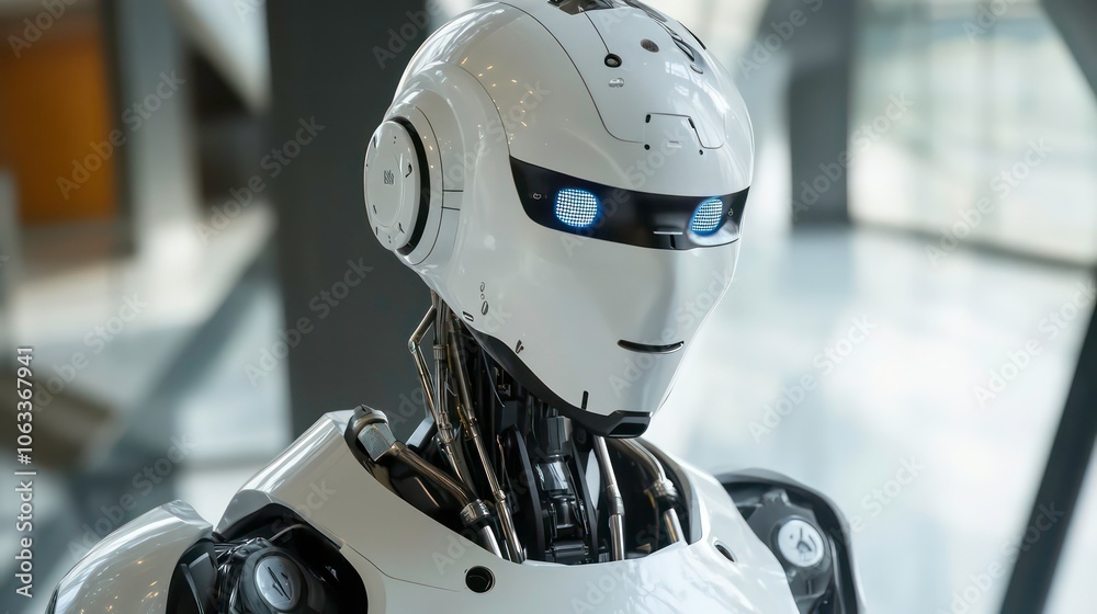 Poster a futuristic humanoid robot with a sleek design and glowing eyes.