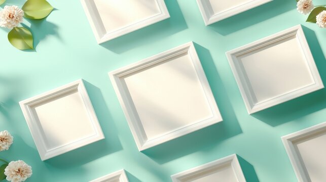 Minimalist multi-photo frame mock-up concept. A layout of empty white photo frames on a turquoise background surrounded by greenery and flowers creating a bright and inviting atmosphere