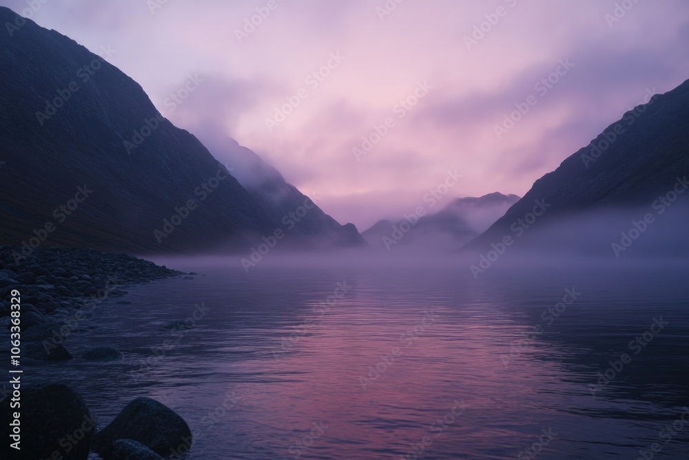 Poster a serene lake scene with rocks and a mountain in the background, perfect for use in nature or landsc