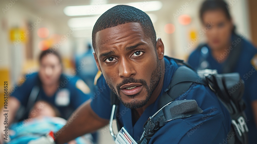Poster emergency medical team rushing a patient on a stretcher through a hospital hallway, with urgency and