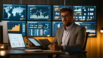 Analyst in Command Center with Data Monitors