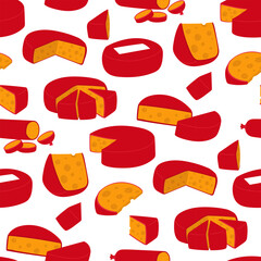 pattern of triangular pieces of yellow cheese arranged on top of each other, covered with red wax. Vector illustration of porous dairy products in flat style. Texture of the pieces of dairy products