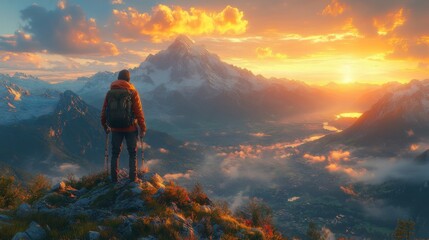 Lone Hiker Gazing at Majestic Mountain Range at Sunrise