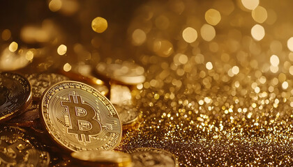Gold Bitcoin coins on a bed of golden glitter.  Generative AI.