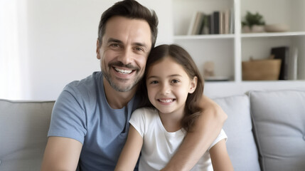 Obraz premium Happy father and daughter sitting on the couch in their living room, smiling at the camera.