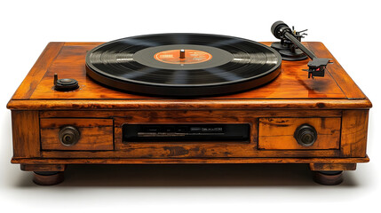 Obraz premium Nostalgic vintage vinyl record player isolated on white background. Retro audio equipment for listening to classic music,with space for text or copy.