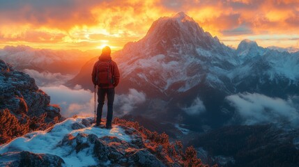 Hiker Silhouetted Against a Dramatic Sunset Over Snowy Mountains