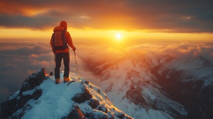 A Hiker Stands on a Mountain Peak at Sunset