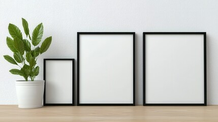 Minimalist multi-photo frame mock-up concept. Three empty black-framed picture frames of varying sizes are displayed on a wooden surface