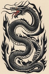 Obraz premium Traditional Snake Design with Flames Tattoo Art