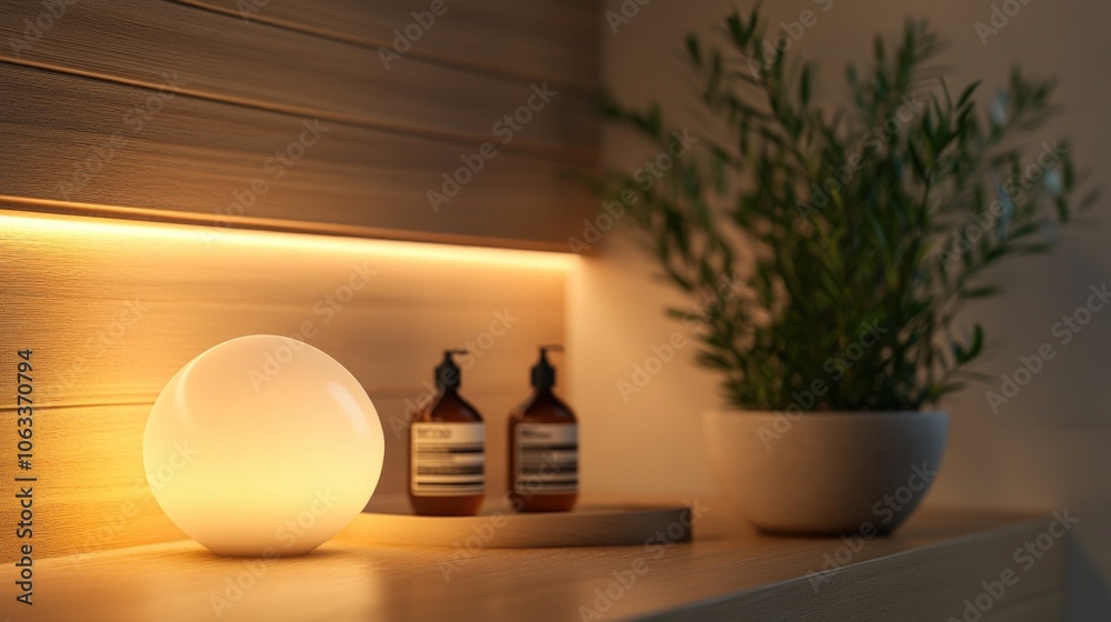Poster a simple white light sits on top of a shelf next to a small potted plant, great for illustrations an