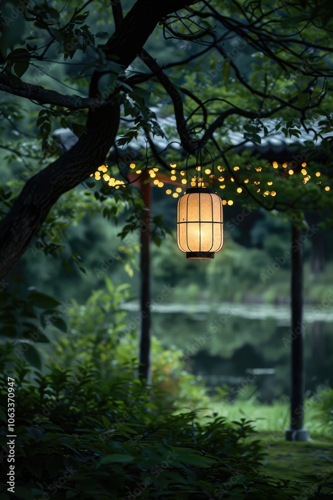 Poster A lantern hangs from a tree in a peaceful park setting, perfect for use as a background image or to add ambiance to a scene