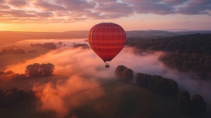 Hot Air Balloon Soaring Above Misty Landscape at Sunrise