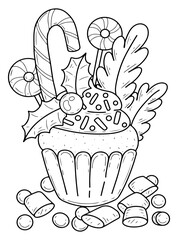 Coloring book Christmas cupcake hand drawn. Holiday dessert, lollipop cane, fir, holly. Sweet food. Sugar baking. Winter event celebration. Vector outline art illustration. Page for kids and adults.