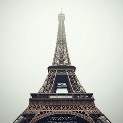 A low-angle view of the Eiffel Tower shrouded in fog.