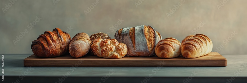 Aufkleber an assortment of artisan breads and pastries is beautifully displayed on a rustic wooden board, show