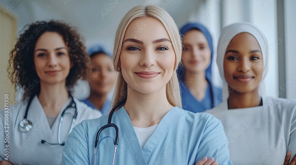 Poster diverse group of medical professionals standing together in a hospital corridor, showing unity and i