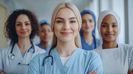 Diverse group of medical professionals standing together in a hospital corridor, showing unity and inclusivity with a sense of readiness and professionalism with empty space for text