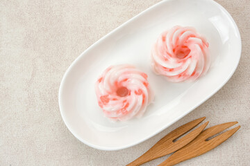 Kue Jentik Manis, Indonesian traditional snack made from hunkwe flour, sago pearl, and coconut milk.
