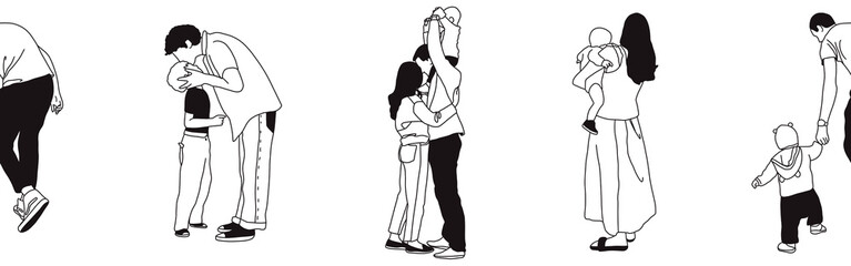 Hand-drawn doodle family border. Outline family clipart. Hand-drawn black art.